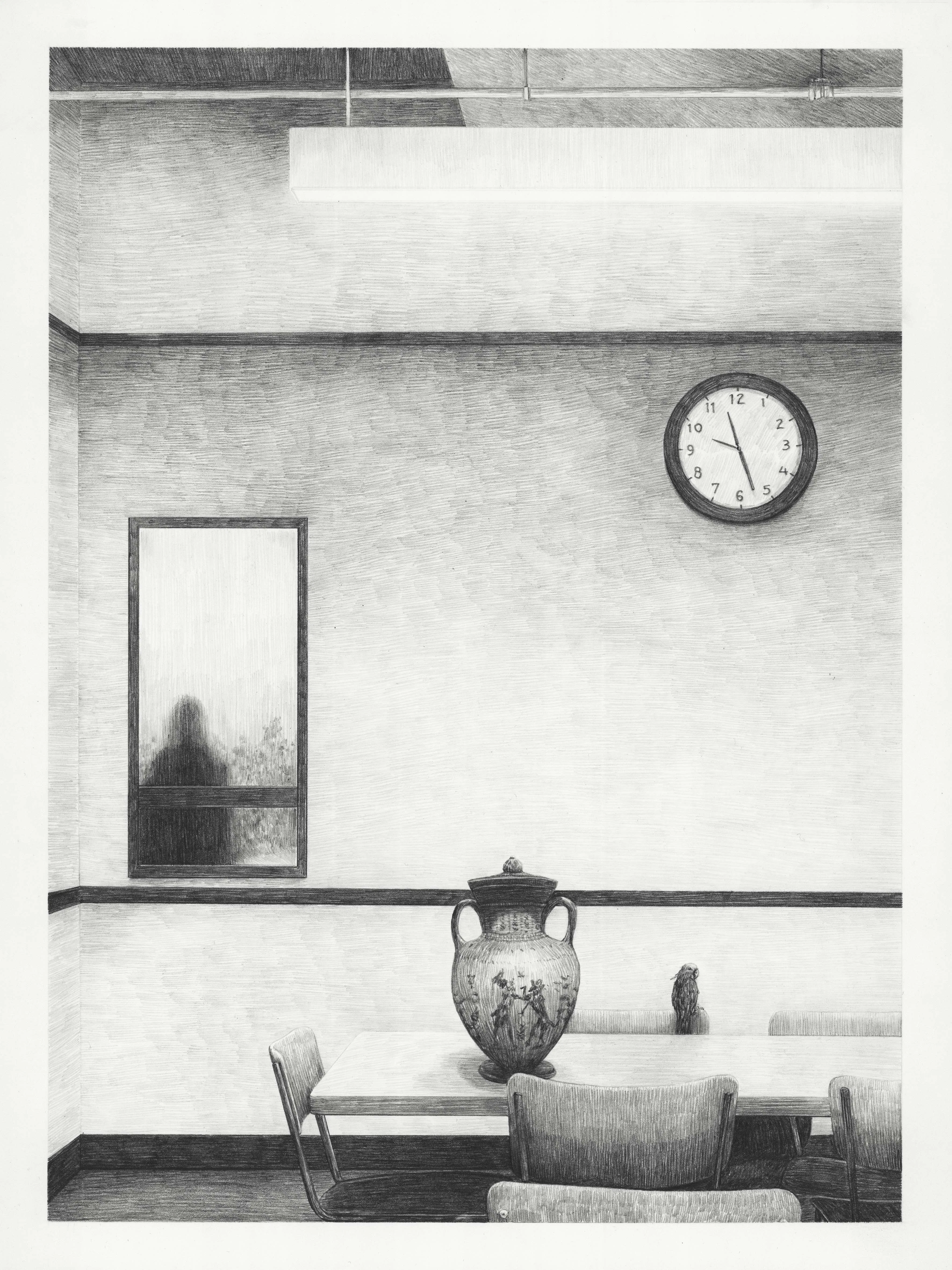 A room, clock, vase and bird.