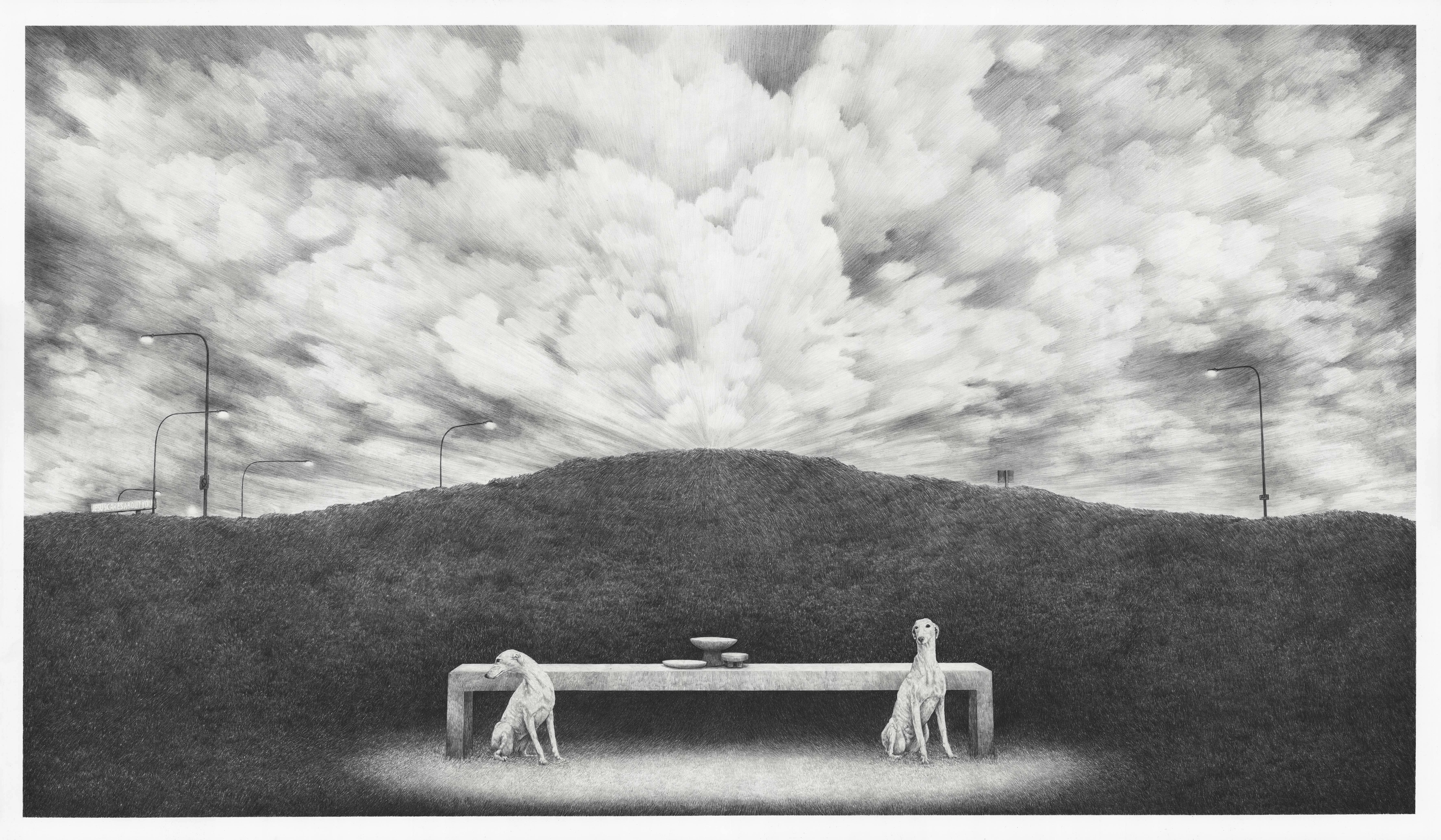 A pair of hounds, a stone table, empty bowls, a highway median strip.