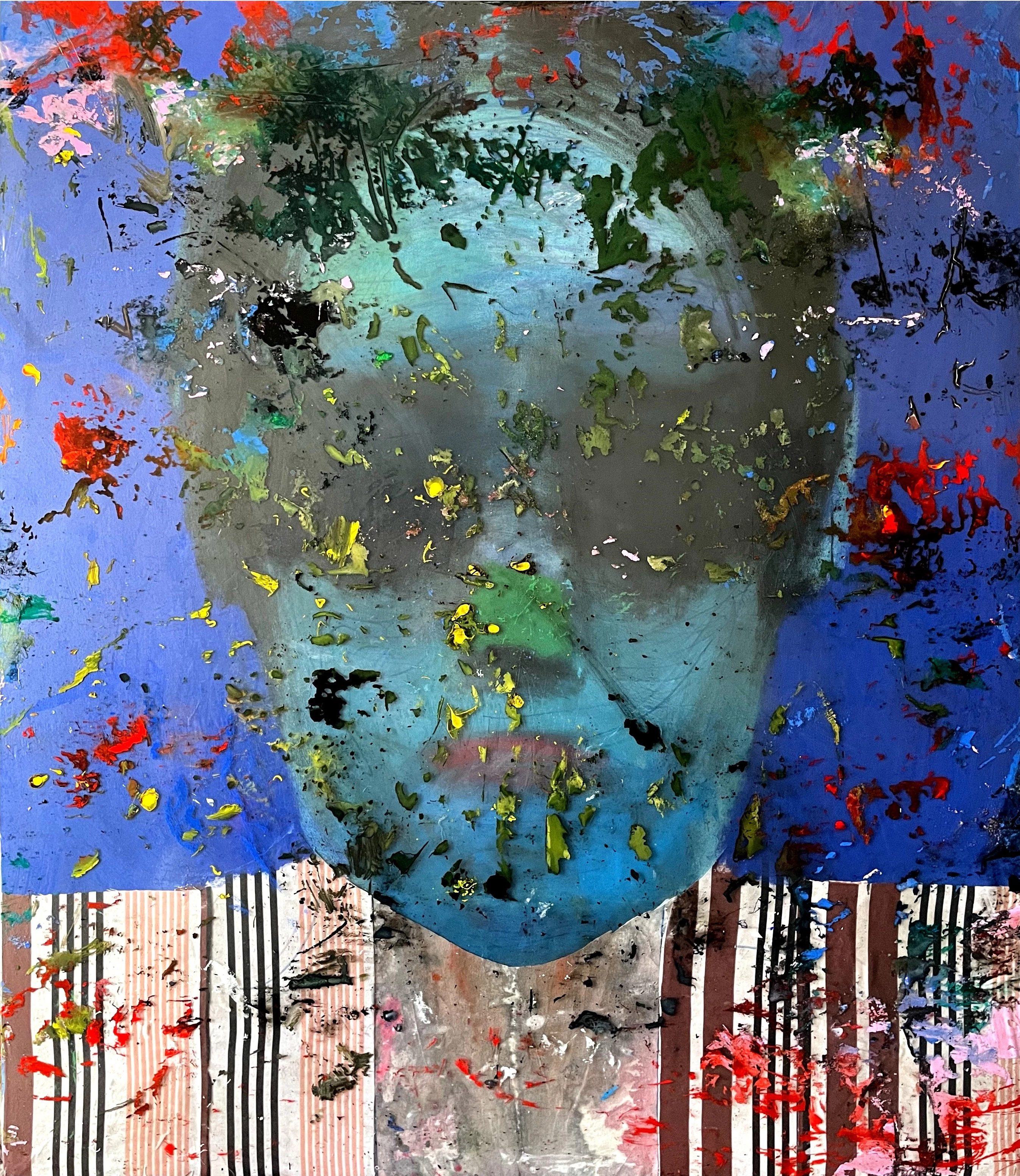 Abstracted face in blue and red