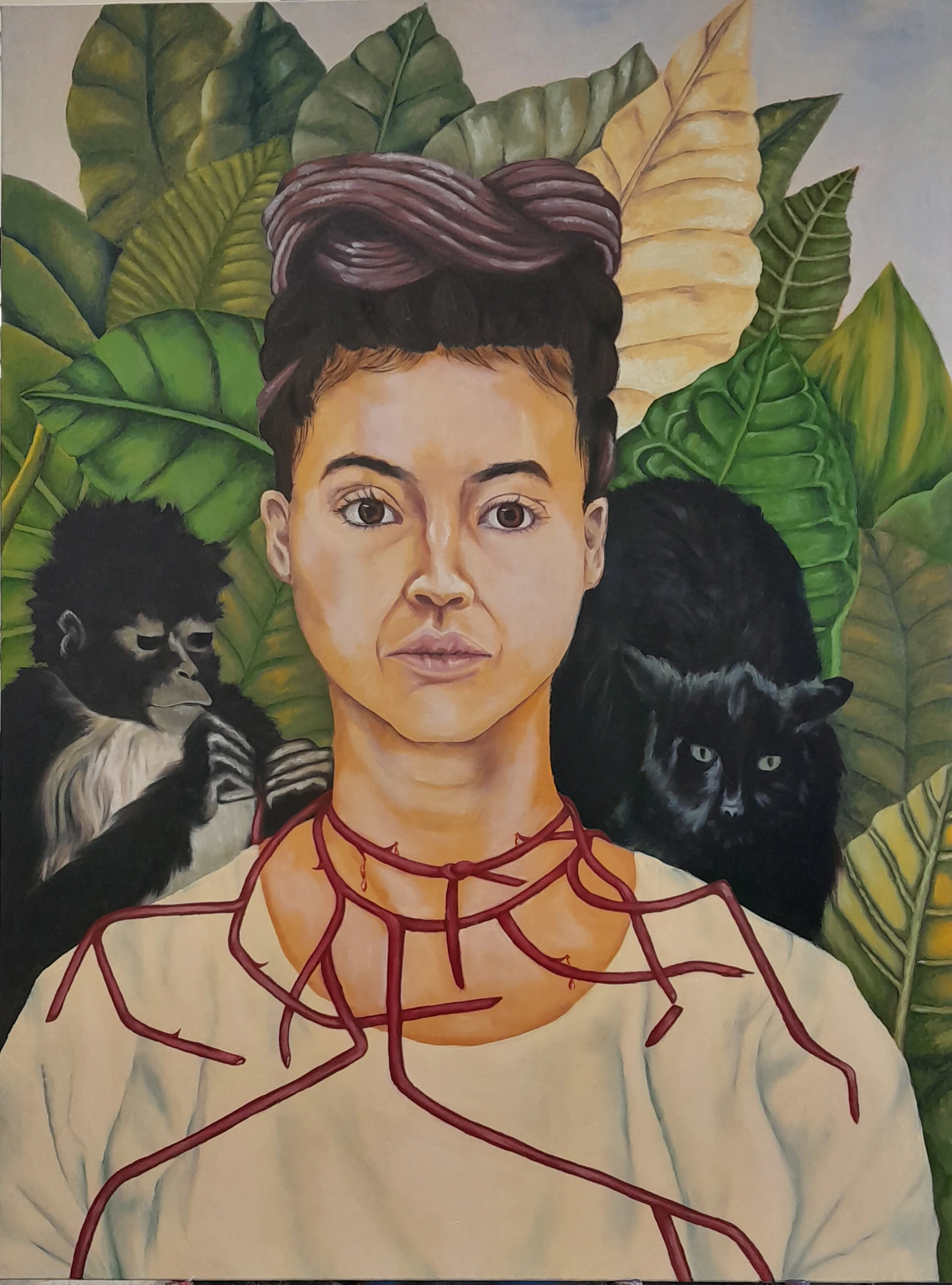 Undergrad study of "Self-Portrait with Thorn Necklace and Hummingbird" Kahlo.