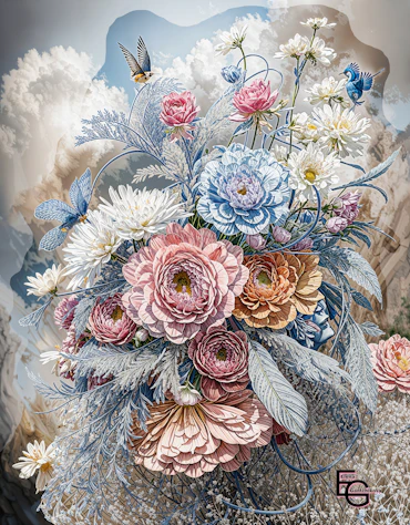 Bouquet of multi-colored peonies in soft pastel shades