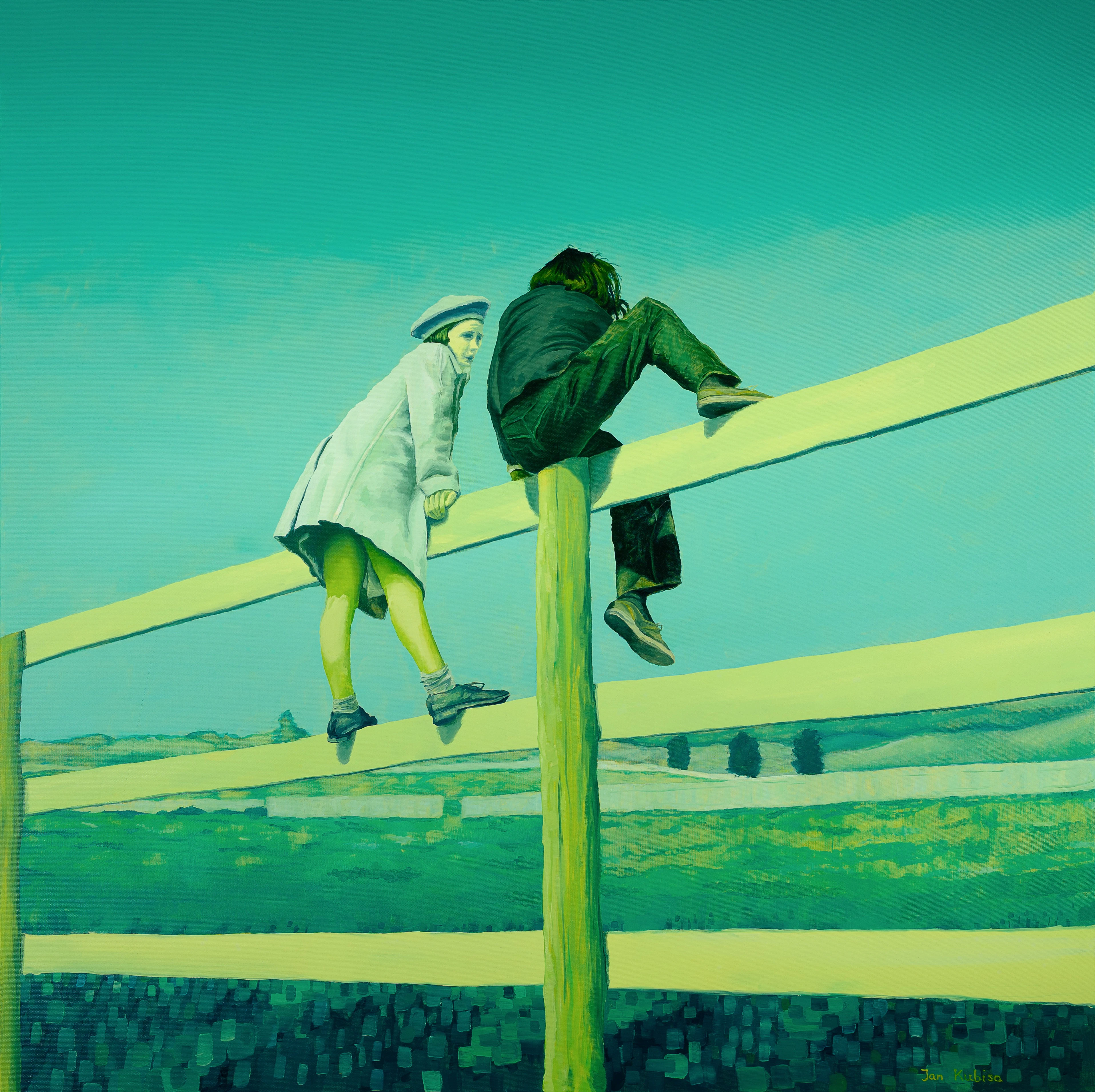Crossing the Line / Two Girls on the Fence  by Jan Kubisa...