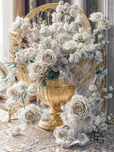 An ornate golden vase overflows with an arrangement of elegant white roses and delicate flowers