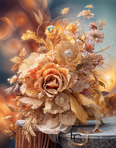 A luxurious floral arrangement with intricate golden petals and sparkling embellishments