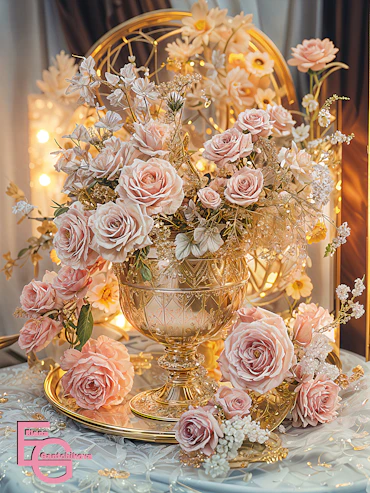An ornate vase filled with blush pink roses sits elegantly on a reflective surface.
