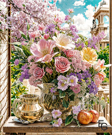 A golden vase filled with a variety of vibrant flowers sits atop a wooden table