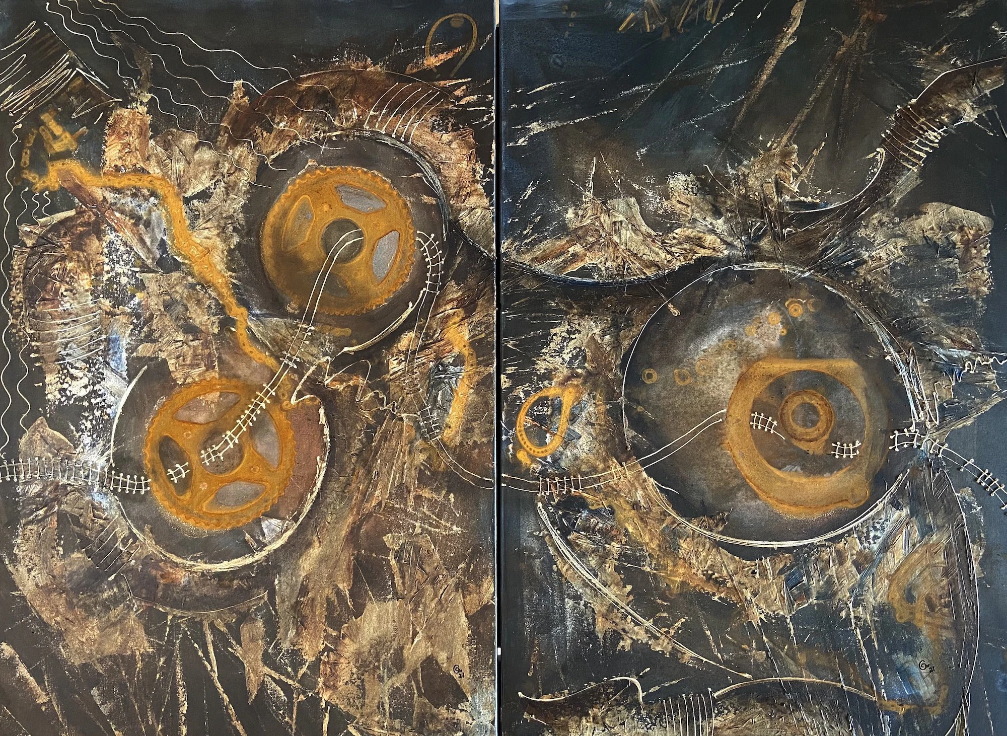 Tiny Inner Voices.Diptych, Year 2021, Size: 48"/36", Acrylics on canvas  